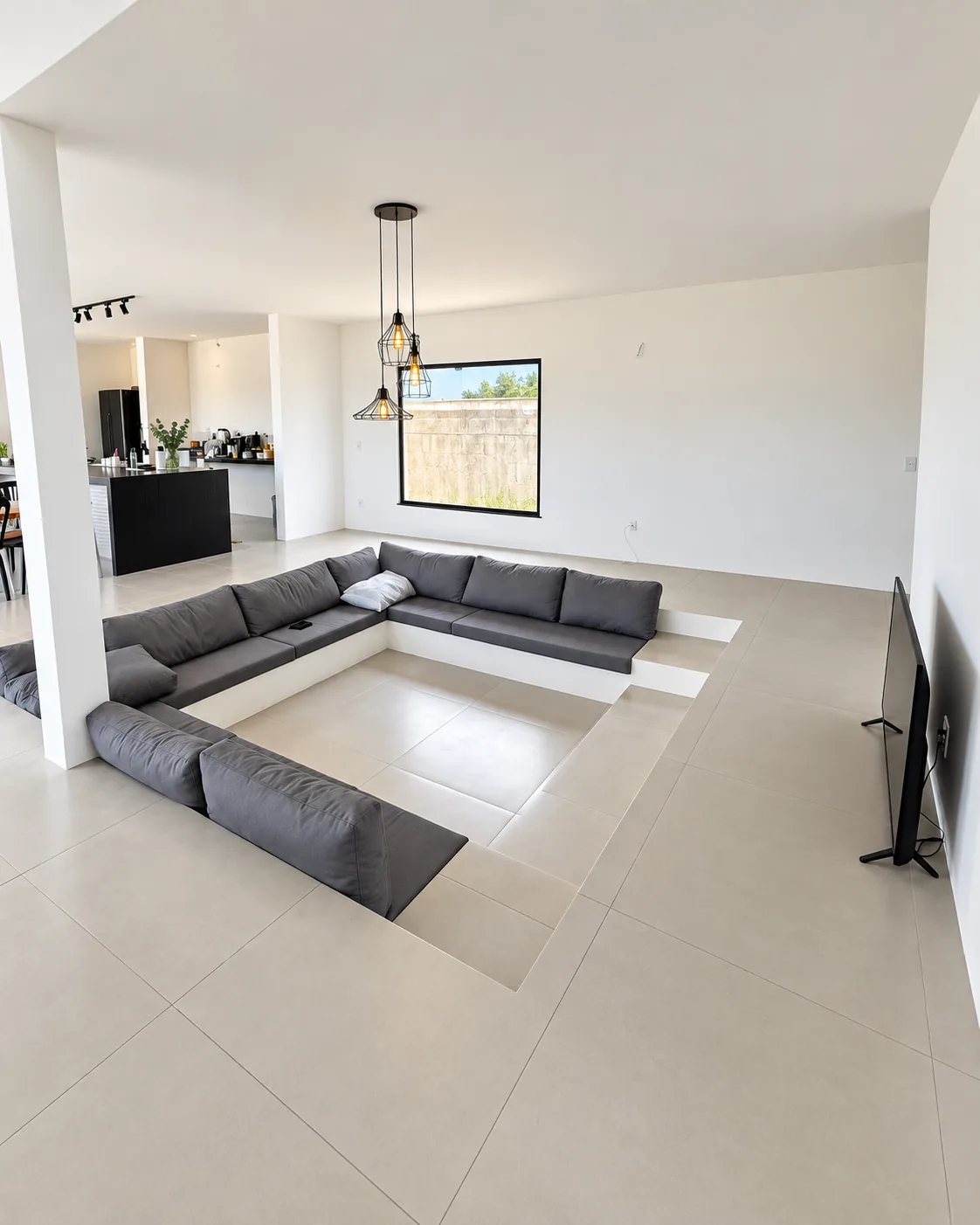 Sala de estar da Casa Branca, com sofá em U rebaixado no piso